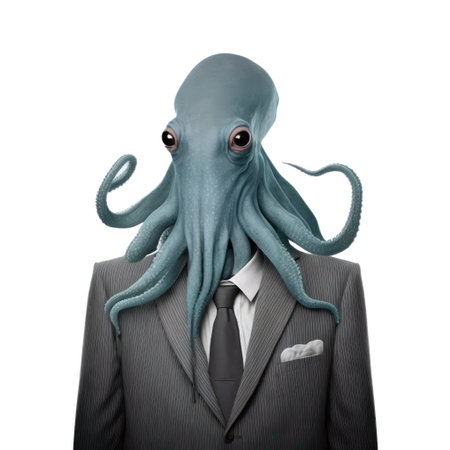 Funny blue octopus in business suit isolated on white background. generative aiの素材