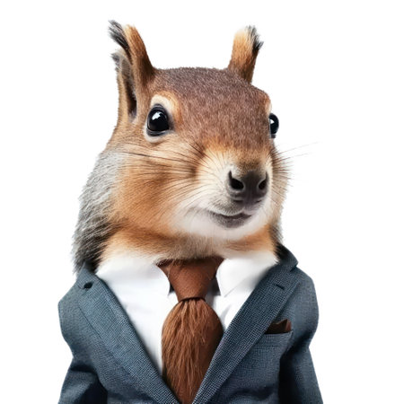 Close-up of a squirrel wearing a suit and tie, isolated on white generative aiの素材