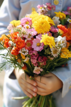 Bouquet of colorful flowers in the hands of the child.の素材