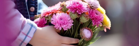 Bouquet of chrysanthemums in the hands of a childの素材