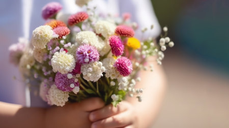 Bouquet of wildflowers in the hands of a girlの素材