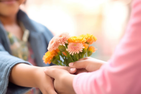 Woman giving flowers to her friend at home, closeup of handsの素材