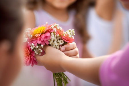 Little girl holding beautiful bouquet of flowers in hands of her motherの素材