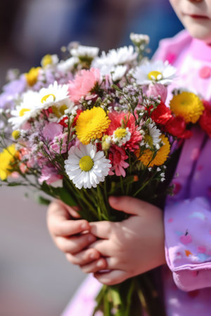Little girl holding a bouquet of chamomiles in her handsの素材