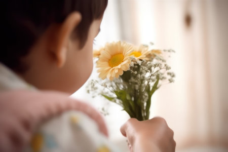 Cute little girl holding a bouquet of flowers, closeupの素材