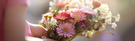 Girl holding a bouquet of colorful flowers. Selective focus.の素材