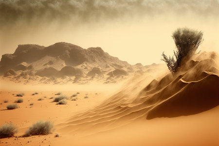 Desert landscape with sand dunes and dry grass. 3d render generative aiの素材