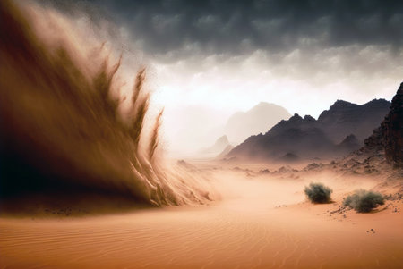Desert landscape with sand dunes and storm clouds. 3d rendering generative aiの素材