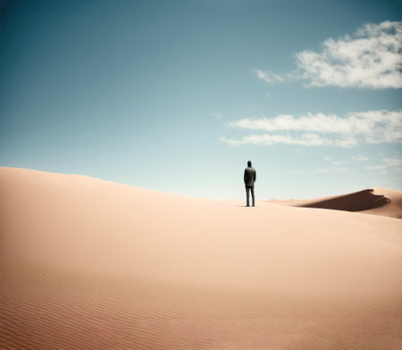 A man standing in the middle of the sand dunes in the desert generative aiの素材