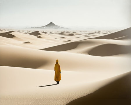 Buddhist monk walking in the sand dunes of the Sahara desert generative aiの素材