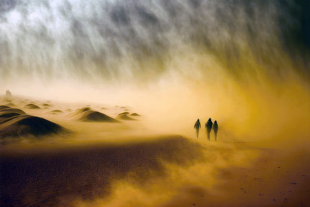 Foggy landscape with sand dunes and a group of people generative aiの素材