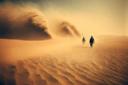 Silhouettes of two women walking in the sand dunes of the Sahara desert generative aiの素材
