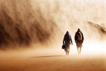 Hiking in the desert of Morocco. A pair of tourists walking in the desert generative aiの素材
