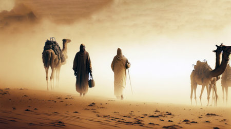 Arabic men and camels in the desert. 3d rendering generative ai generative aiの素材