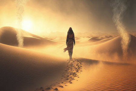 Woman walking in the desert with sand dunes and foggy sky generative aiの素材