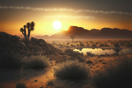Beautiful sunset over the desert, 3d render, digital illustration generative aiの素材