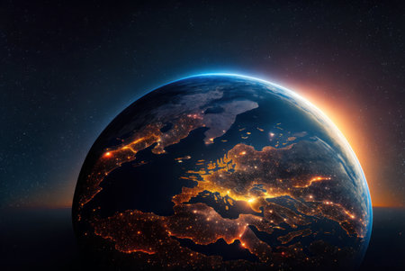 Planet Earth in outer space with visible city lights. 3D rendering generative aiの素材