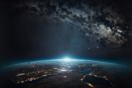 Night view of Brazil from space with visible city lights. 3D illustration. generative aiの素材