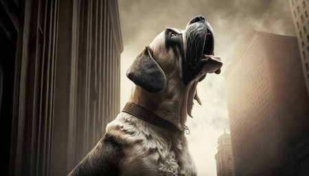 Labrador Retriever dog yawning in the city at night generative aiの素材