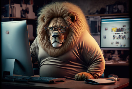 Funny lion wearing eyeglasses and working on computer at night generative aiの素材