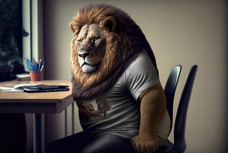 Lion wearing a t-shirt sitting at his desk in the office generative aiの素材
