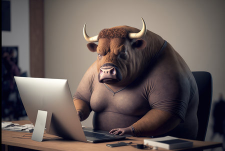 Fat man with big bull head sitting at the table and working on computer generative aiの素材