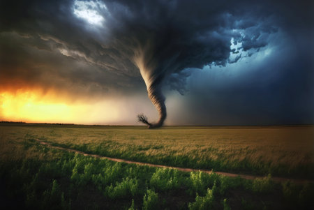 Conceptual image about climate change with tornado over a field. generative aiの素材