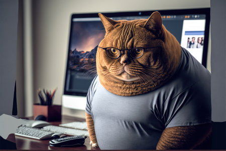 A cat wearing glasses is sitting in front of a computer monitor. generative aiの素材