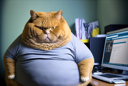 Fat cat is sitting on the table and looking at the computer screen. generative aiの素材
