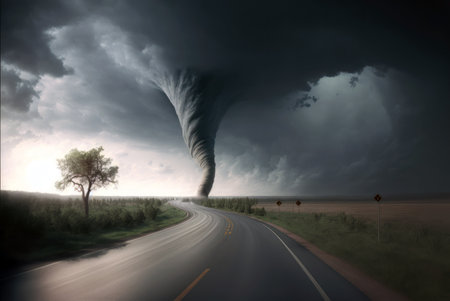 Conceptual image of tornado approaching a country road - 3d render generative aiの素材