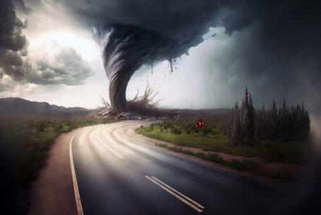 Conceptual image of tornado approaching the road in the forest. generative aiの素材