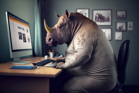 A sick rhinoceros sitting at a desk in an office generative aiの素材