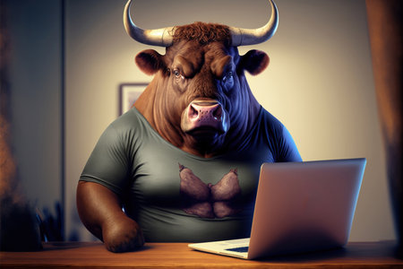 Funny bull with a laptop at the table. Conceptual image generative aiの素材