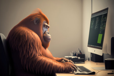 Orangutan in front of a computer screen in an office. generative aiの素材