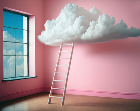 Ladder leading to a bright pink room with a window and clouds. 3d rendering generative aiの素材