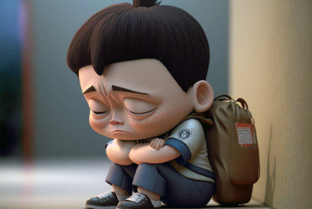 Clay doll of a boy with a backpack sitting on the floor generative aiの素材