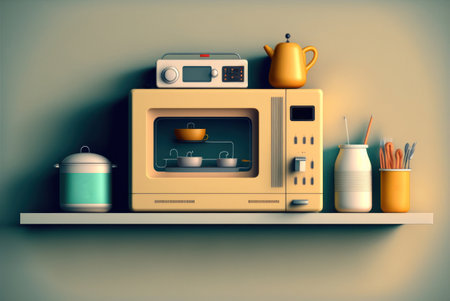 Kitchen microwave oven and utensils on the shelf. Vector illustration. generative aiの素材