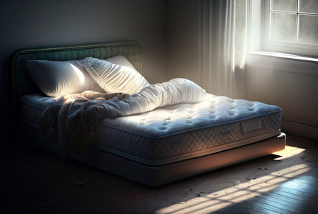 Double bed with pillows in the morning light. 3d rendering generative aiの素材