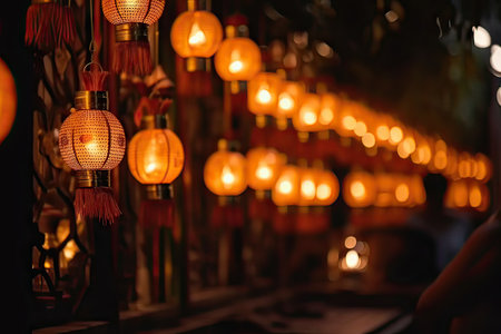 A mesmerizing image of Buddhists holding illuminated lanterns and garlands during a prayer ceremony on Vesak Day, showcasing the spiritual ambiance and cultural richness of the event, created using generative AI techniques.の素材