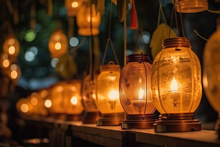 A mesmerizing image of Buddhists holding illuminated lanterns and garlands during a prayer ceremony on Vesak Day, showcasing the spiritual ambiance and cultural richness of the event, created using generative AI techniques.の素材