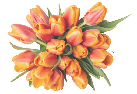Bouquet of orange tulips isolated on white background. Top view.の素材