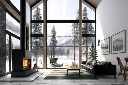 interior of modern living room with fireplace, 3d render illustration generative aiの素材
