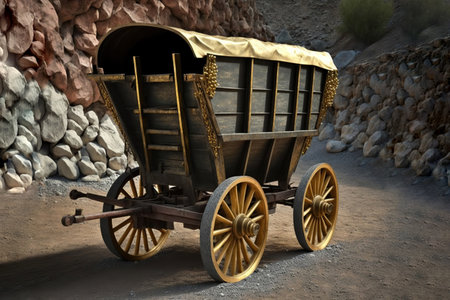3D rendering of an old wooden wagon in a desert setting. generative aiの素材