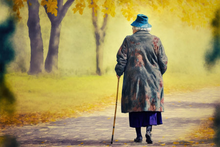 Old woman walking in the autumn park. Photo in old color image style. generative aiの素材