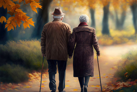 Elderly couple walking in the autumn forest. Concept of active senior life. generative aiの素材