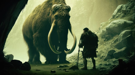 Old man in a cave with a huge mammoth. Toned. generative aiの素材