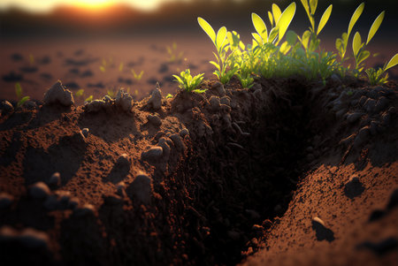 Green seedlings growing on soil at sunset. 3D rendering. generative aiの素材