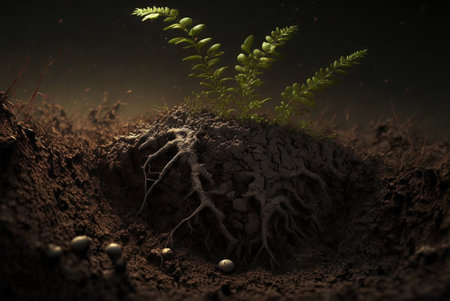 3D render of a green plant growing in the ground with a dark background generative aiの素材