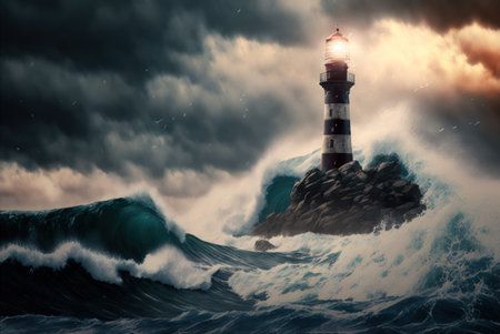 Lighthouse in stormy sea. 3d illustration.  generative aiの素材