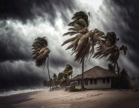 Tropical beach with palm trees and cloudy sky. Toned. generative aiの素材